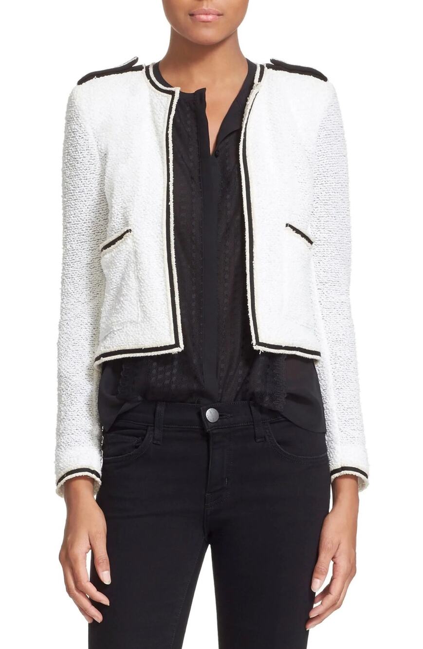 The Kooples Women's White Boucle Knit Open Front Crop Blazer Coat Jacket Size XS